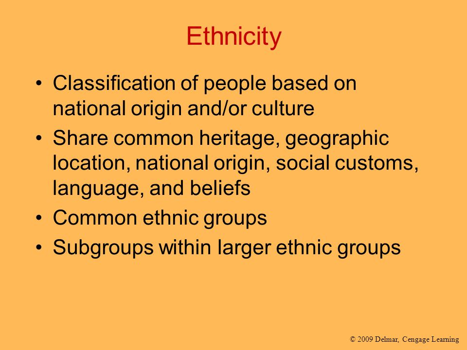 Ethnicity Classification of people based on national origin and/or culture.