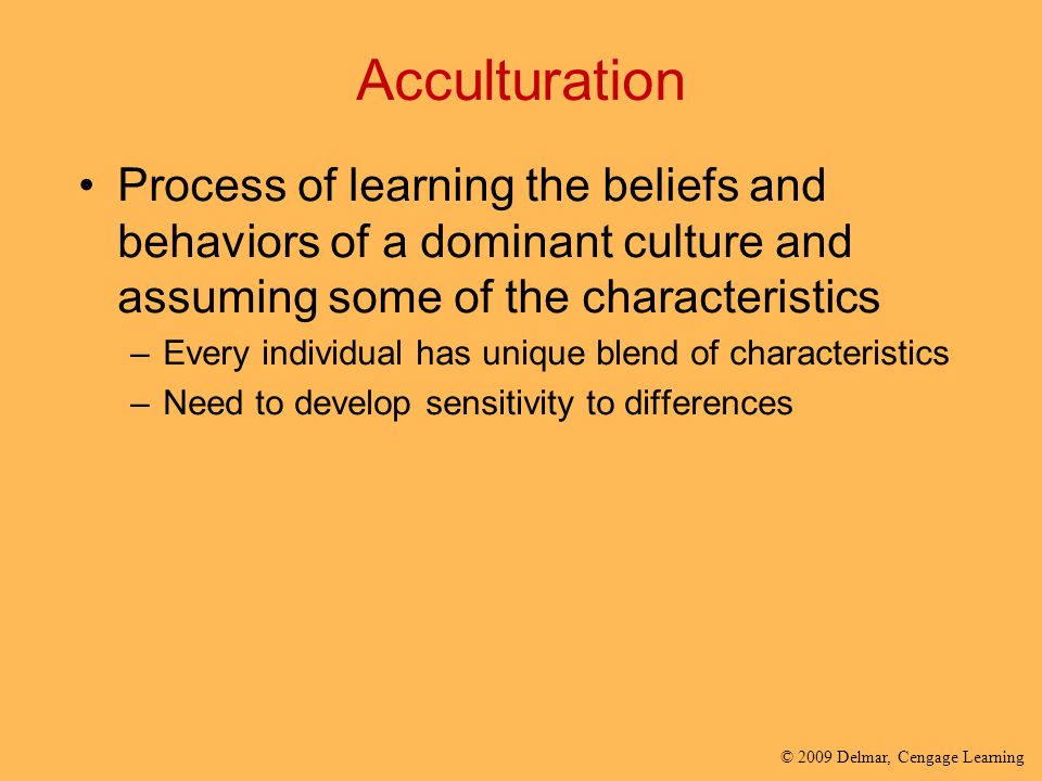 Acculturation Process of learning the beliefs and behaviors of a dominant culture and assuming some of the characteristics.