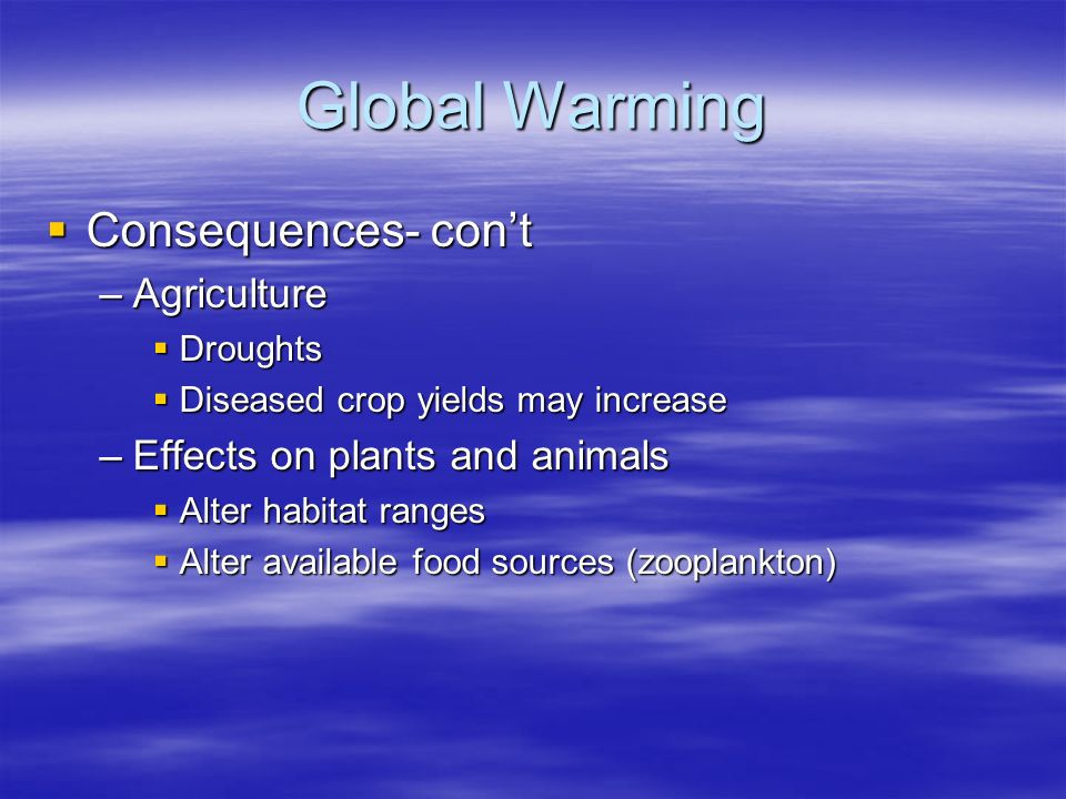 Global Warming Consequences- con’t Agriculture