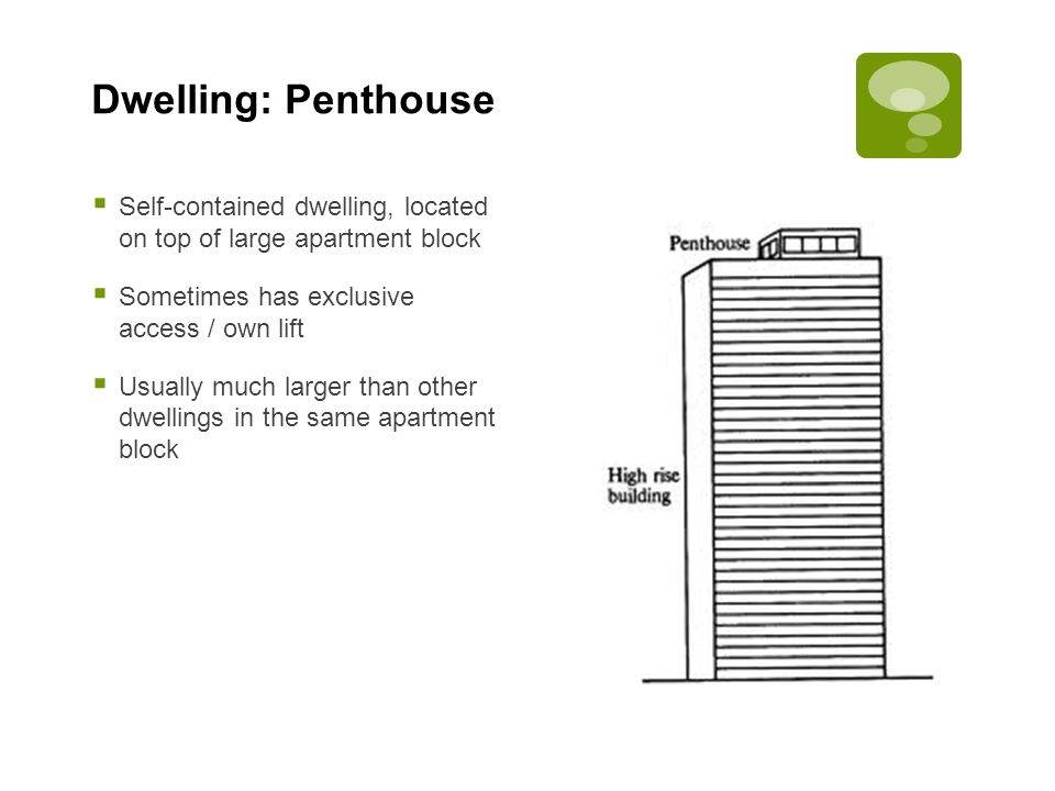 Dwelling: Penthouse Self-contained dwelling, located on top of large apartment block. Sometimes has exclusive access / own lift.