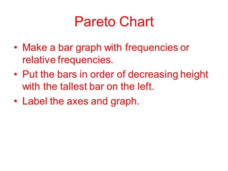 Pareto Chart Make a bar graph with frequencies or relative frequencies. Put the bars in order of decreasing height with the tallest bar on the left.
