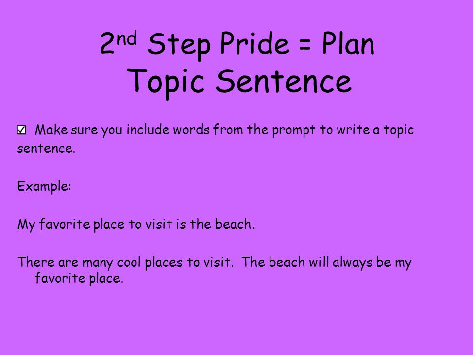 Topic Sentence 2nd Step Pride = Plan