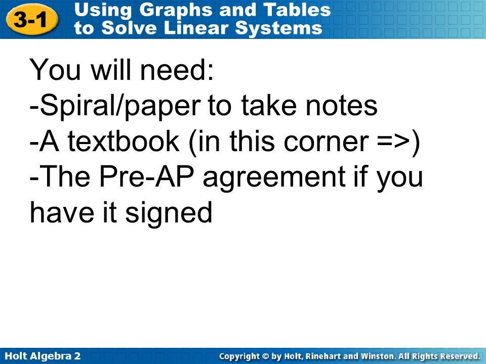 You will need: -Spiral/paper to take notes -A textbook (in this corner =>) -The Pre-AP agreement if you have it signed