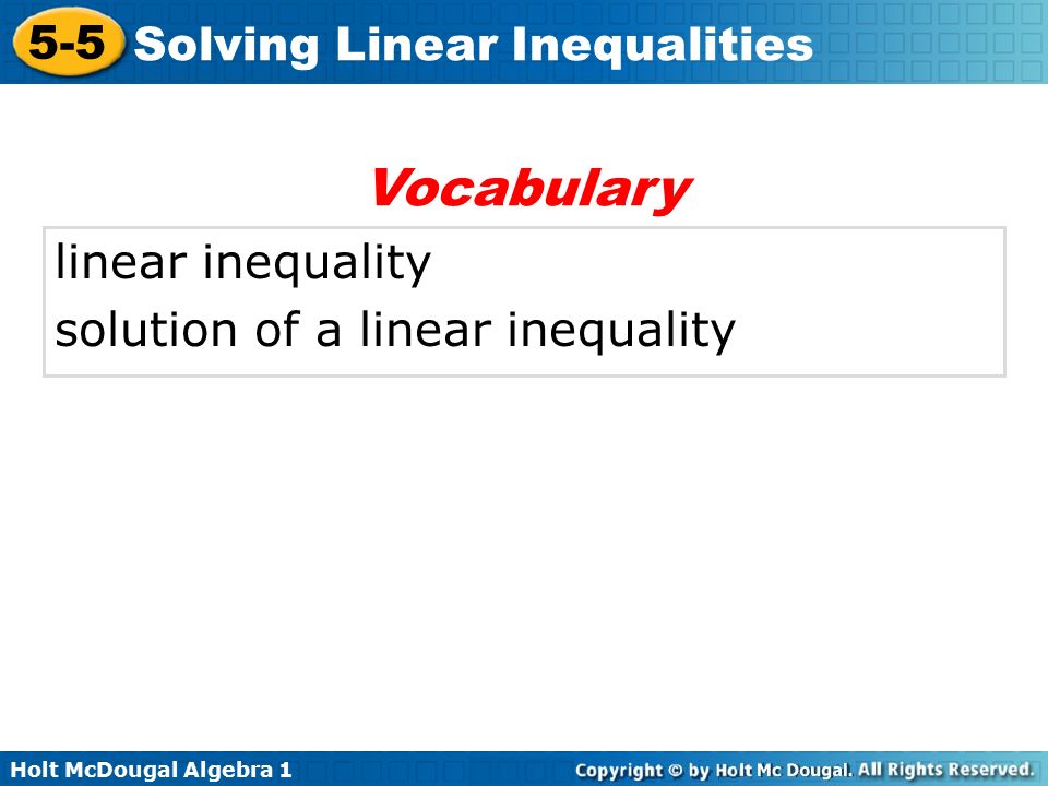 Vocabulary linear inequality solution of a linear inequality
