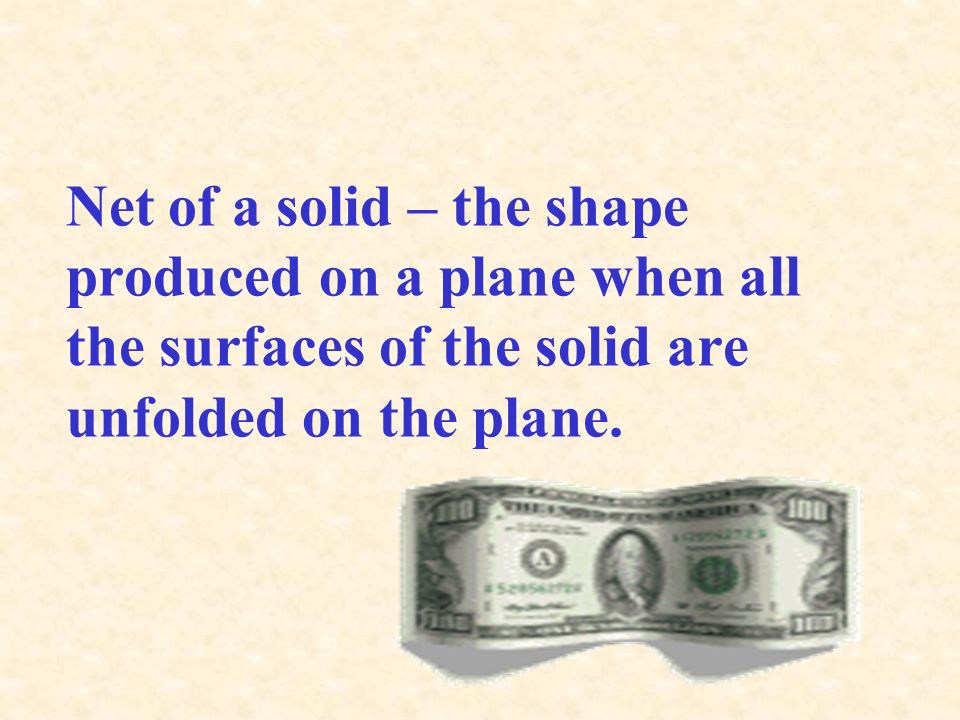 Net of a solid – the shape produced on a plane when all the surfaces of the solid are unfolded on the plane.