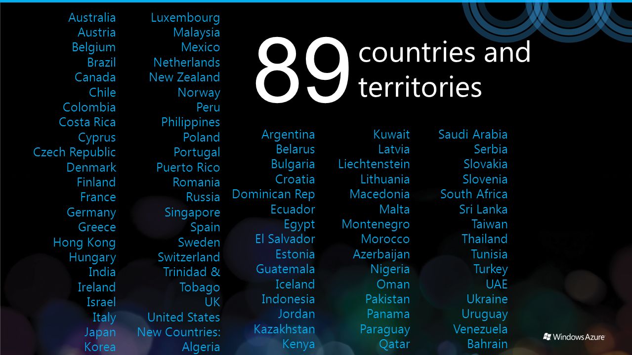 89 countries and territories Australia Austria Belgium Brazil Canada