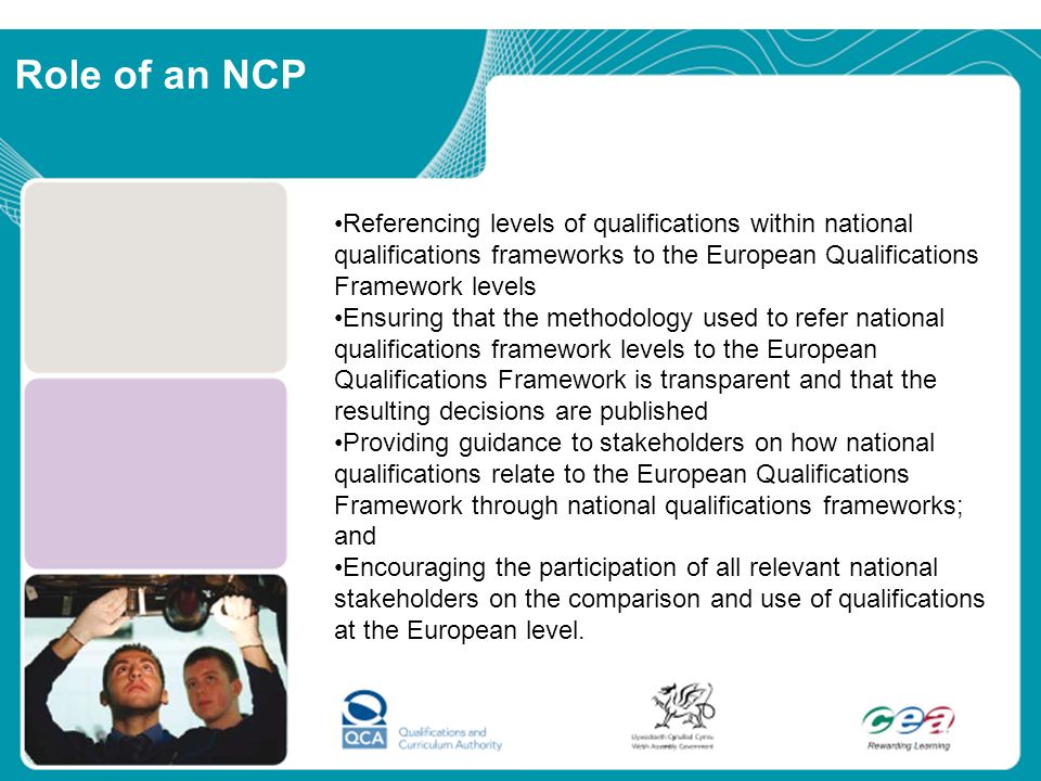 Role of an NCP Referencing levels of qualifications within national qualifications frameworks to the European Qualifications Framework levels.