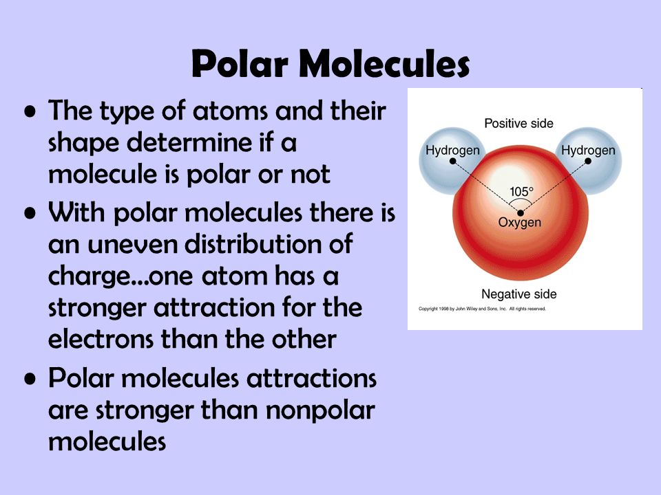Polar Molecules The type of atoms and their shape determine if a molecule is polar or not.