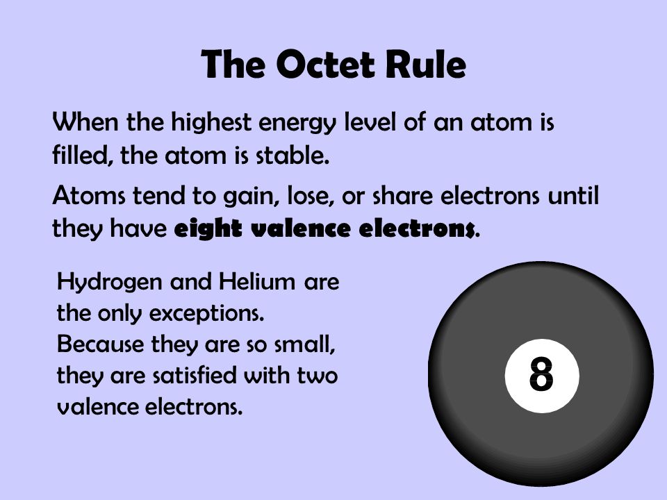 The Octet Rule When the highest energy level of an atom is filled, the atom is stable.
