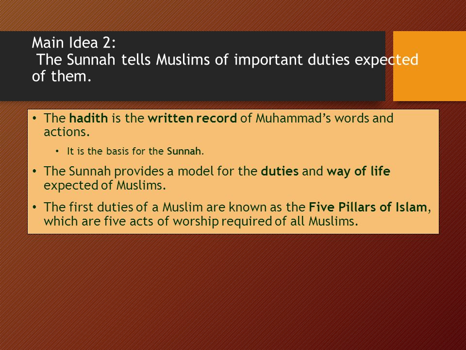 Main Idea 2: The Sunnah tells Muslims of important duties expected of them.