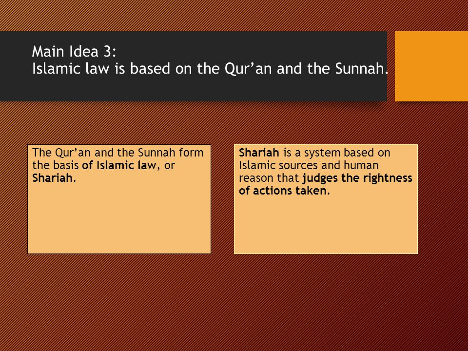 Main Idea 3: Islamic law is based on the Qur’an and the Sunnah.