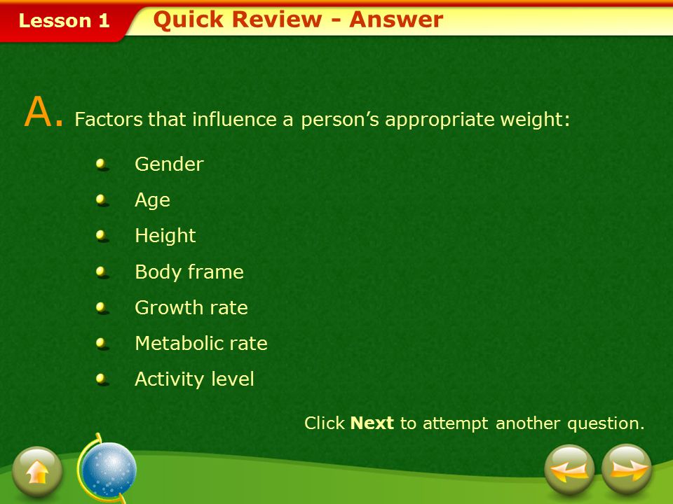 A. Factors that influence a person’s appropriate weight: