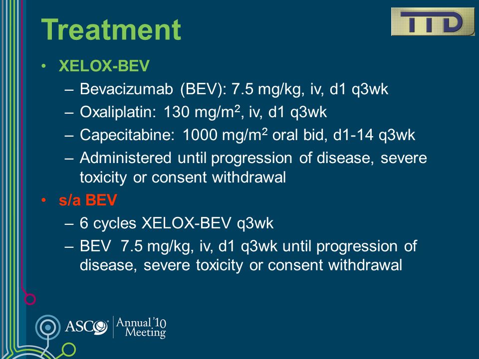 Treatment XELOX-BEV Bevacizumab (BEV): 7.5 mg/kg, iv, d1 q3wk