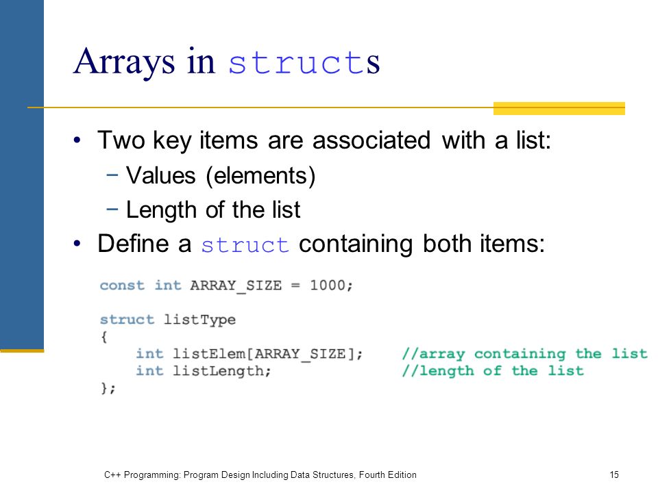 Arrays in structs Two key items are associated with a list: