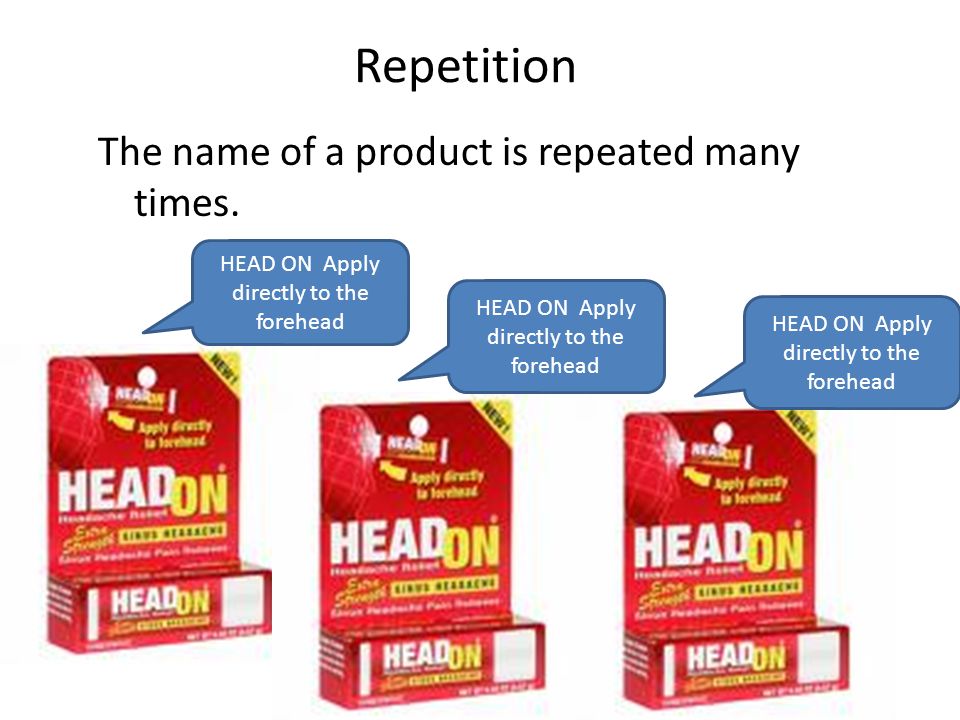 Repetition The name of a product is repeated many times.