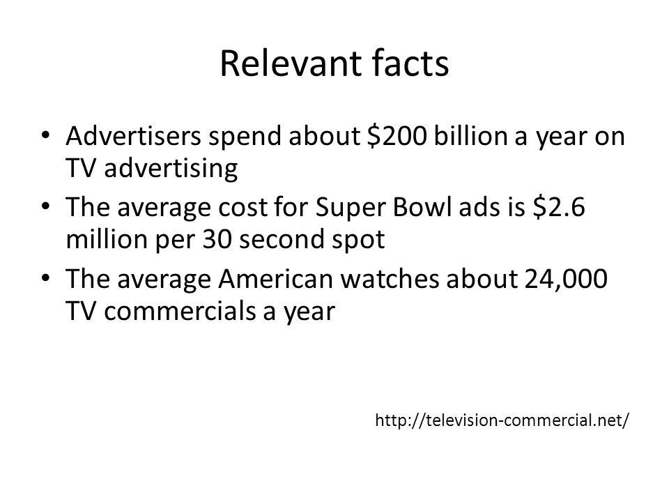 Relevant facts Advertisers spend about $200 billion a year on TV advertising. The average cost for Super Bowl ads is $2.6 million per 30 second spot.