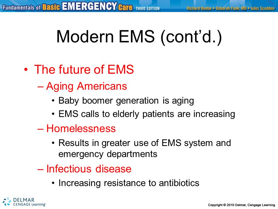 Modern EMS (cont’d.) The future of EMS Aging Americans Homelessness