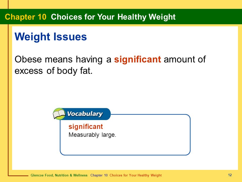 Weight Issues Obese means having a significant amount of excess of body fat. significant. Measurably large.
