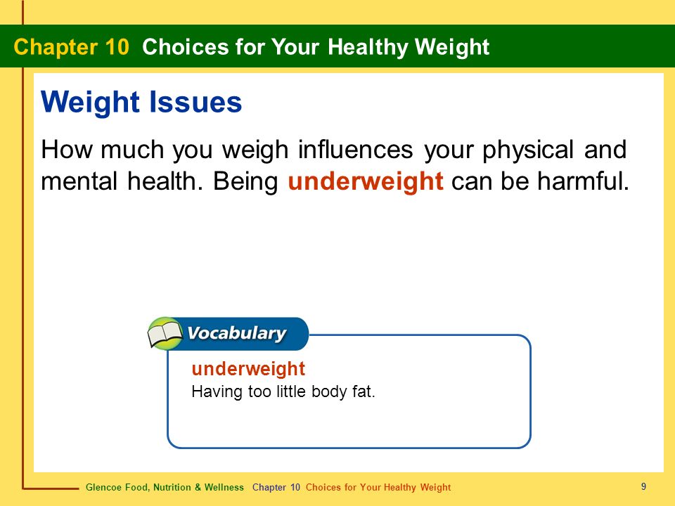 Weight Issues How much you weigh influences your physical and mental health. Being underweight can be harmful.