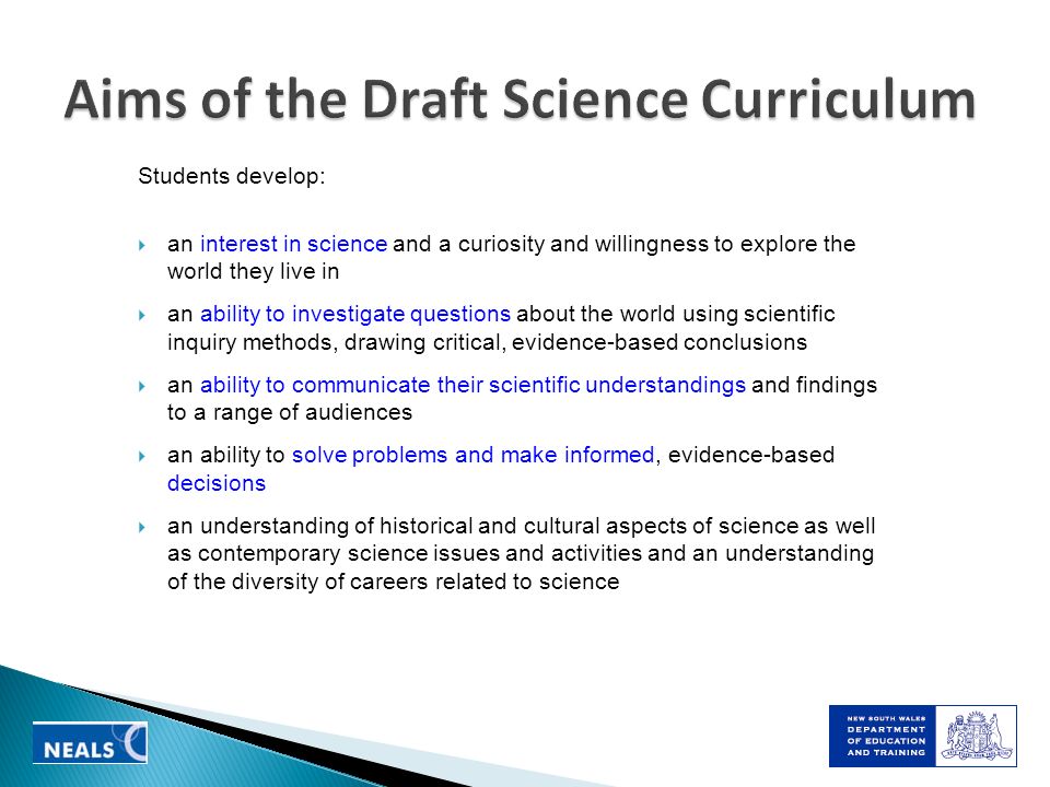 Aims of the Draft Science Curriculum