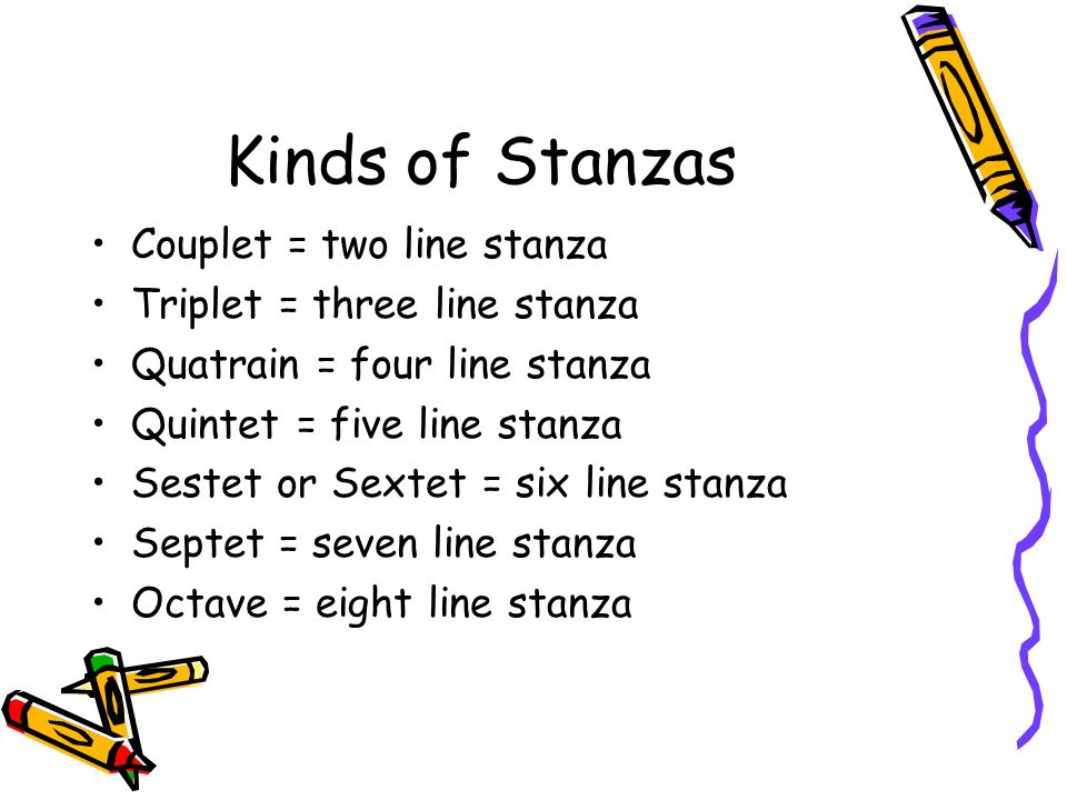 Kinds of Stanzas Couplet = two line stanza Triplet = three line stanza
