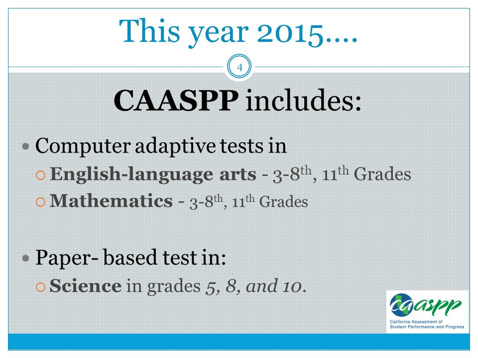 This year 2015…. CAASPP includes: Computer adaptive tests in