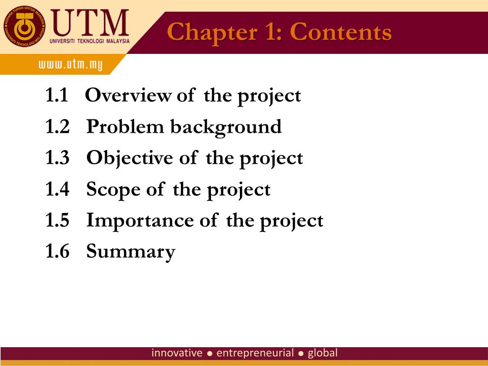 Chapter 1: Contents 1.1 Overview of the project 1.2 Problem background