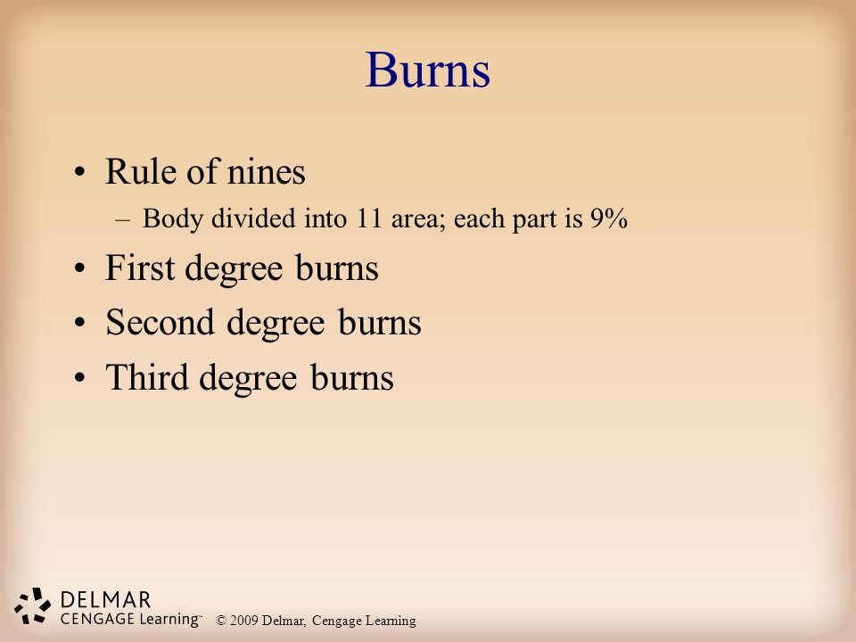 Burns Rule of nines First degree burns Second degree burns