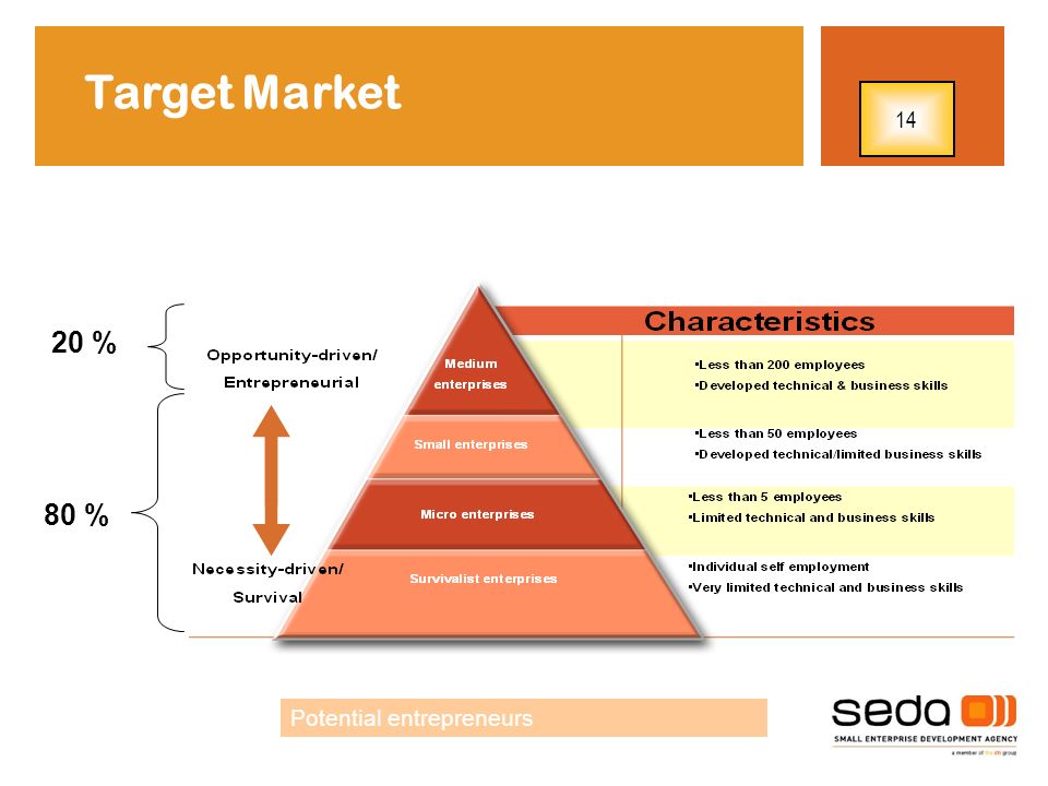 Target Market % 80 % Potential entrepreneurs