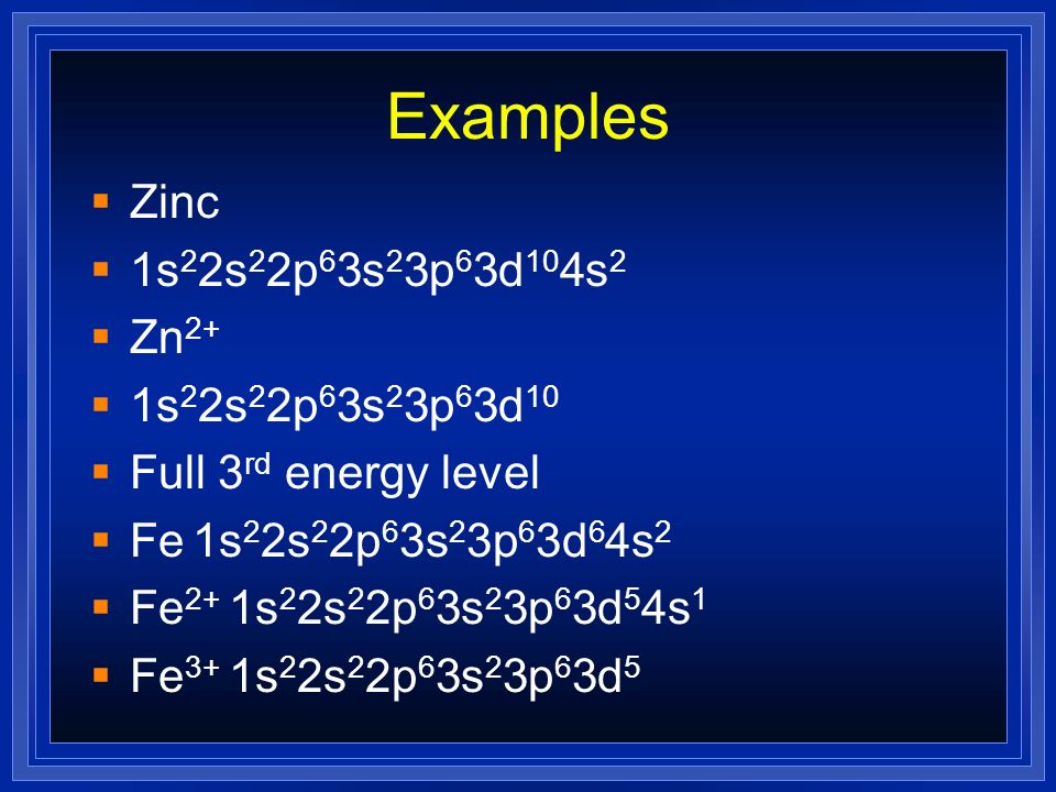 Examples Zinc 1s22s22p63s23p63d104s2 Zn2+ 1s22s22p63s23p63d10