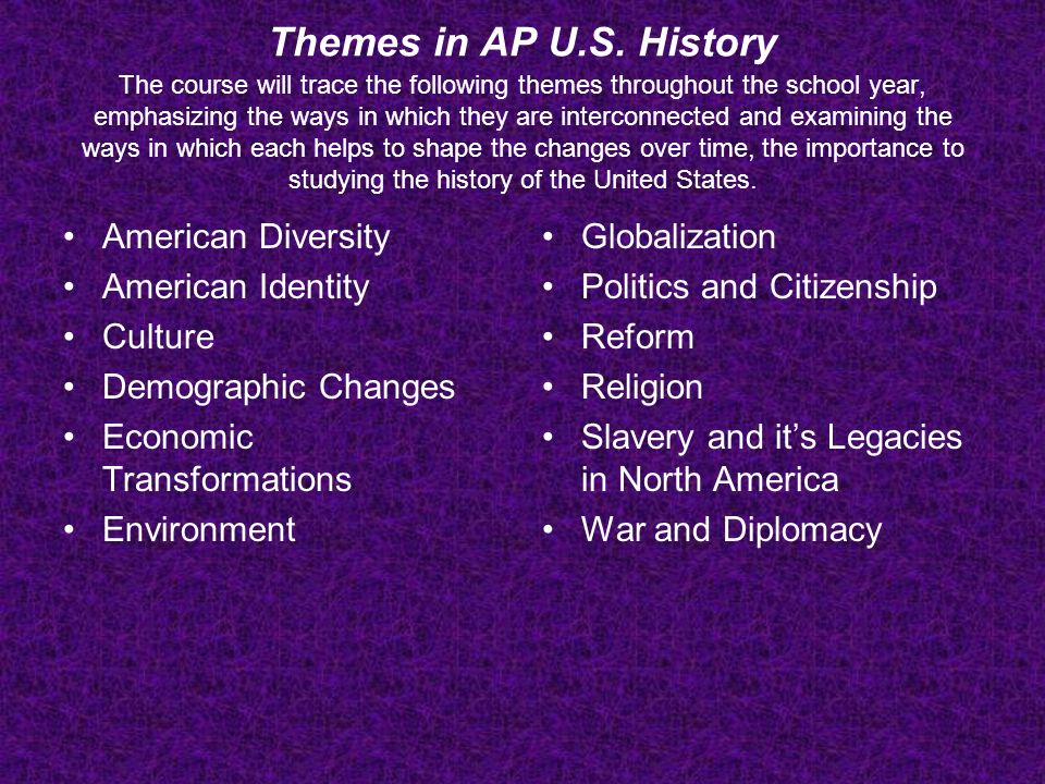 Themes in AP U.S. History The course will trace the following themes throughout the school year, emphasizing the ways in which they are interconnected and examining the ways in which each helps to shape the changes over time, the importance to studying the history of the United States.