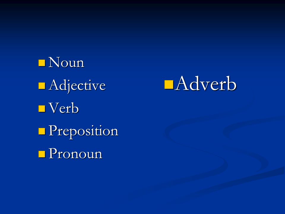 Noun Adjective Verb Preposition Pronoun Adverb
