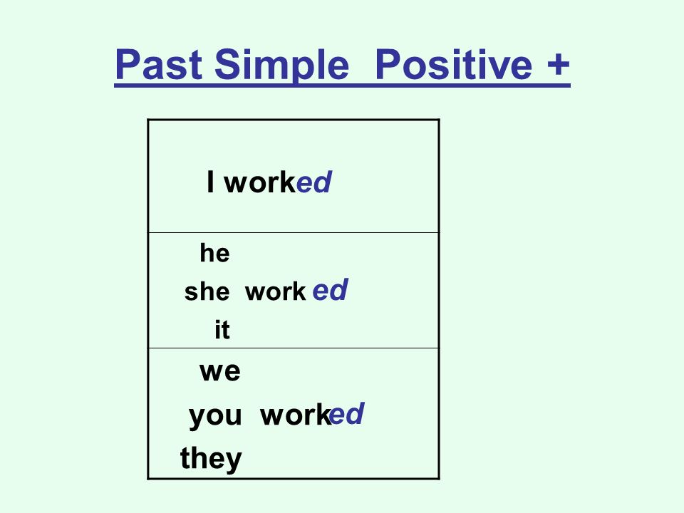 Past Simple Positive + I work he she work it we you work they ed ed ed