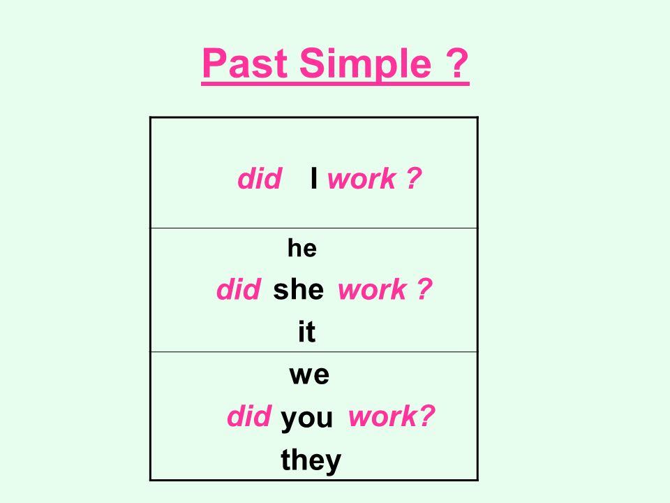 Past Simple I he she it we you they did work did work did work