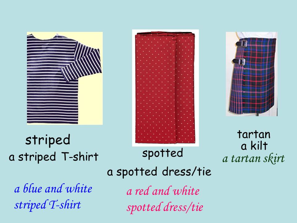 a blue and white striped T-shirt a red and white spotted dress/tie