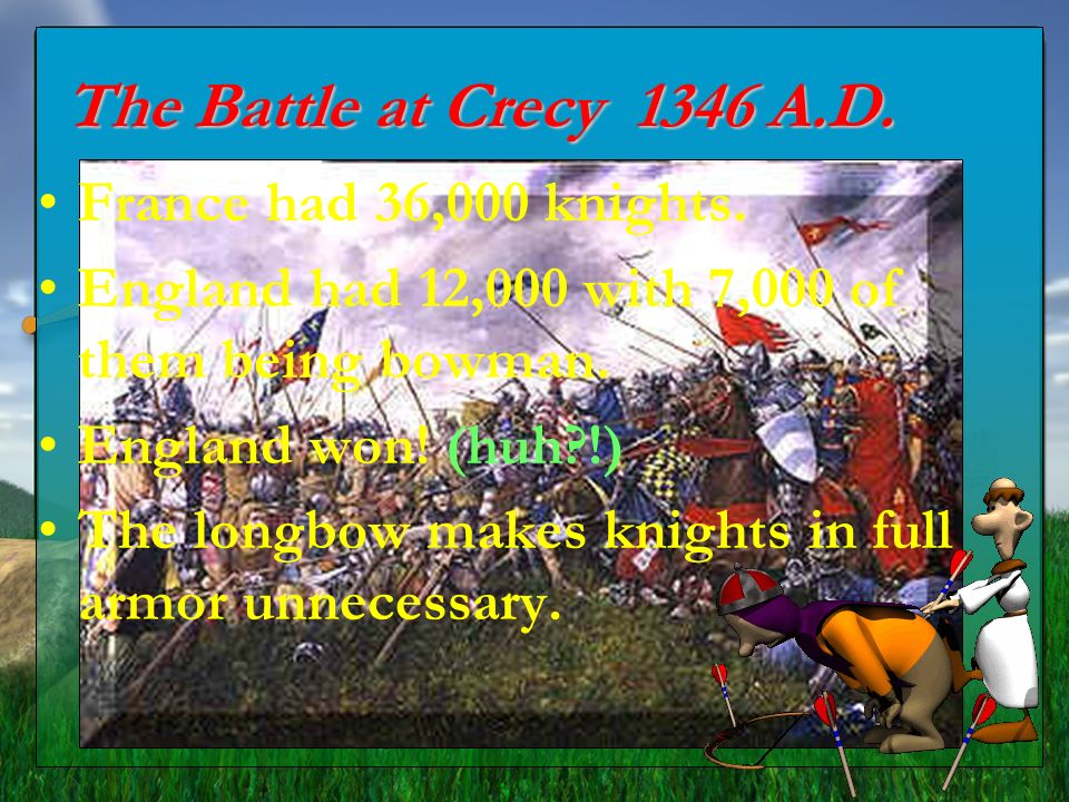 The Battle at Crecy 1346 A.D. France had 36,000 knights.