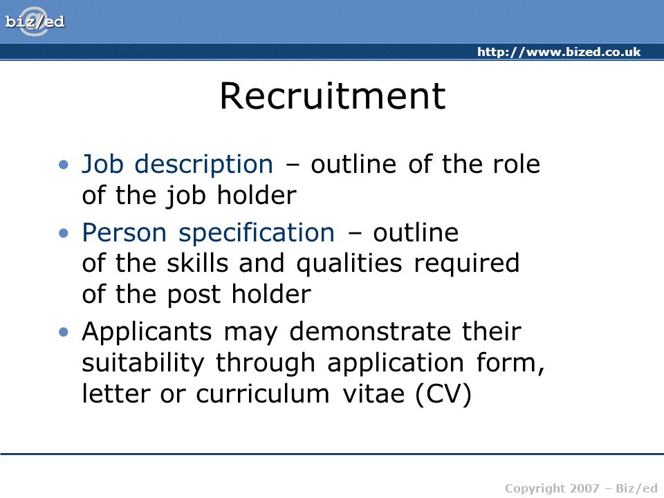 Recruitment Job description – outline of the role of the job holder