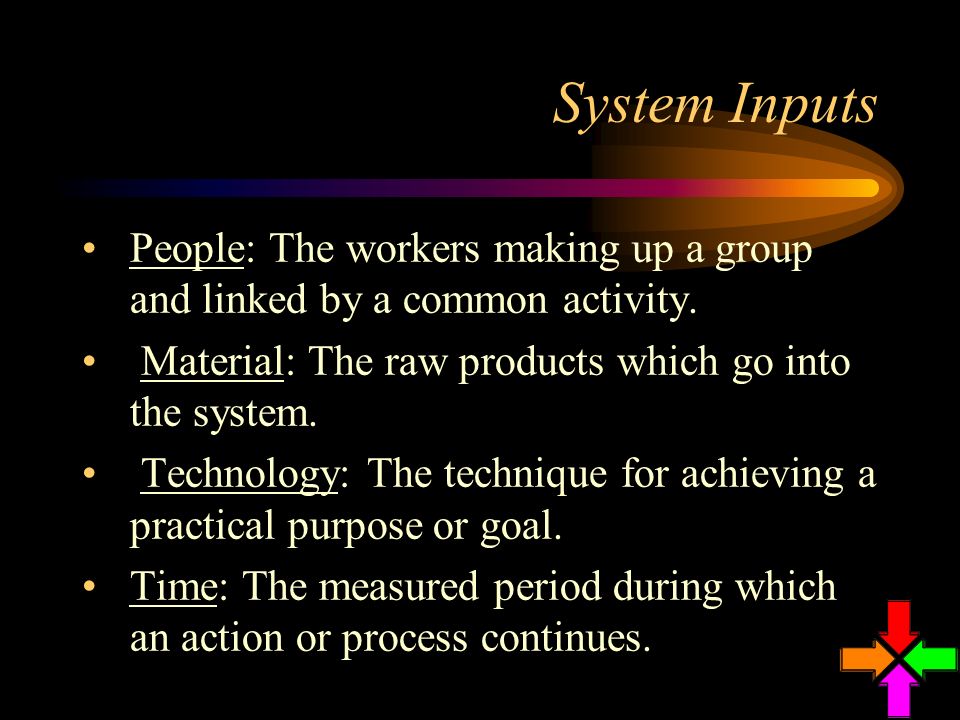 System Inputs People: The workers making up a group and linked by a common activity. Material: The raw products which go into the system.