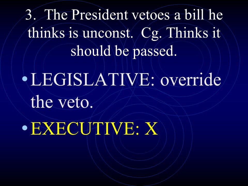 LEGISLATIVE: override the veto. EXECUTIVE: X