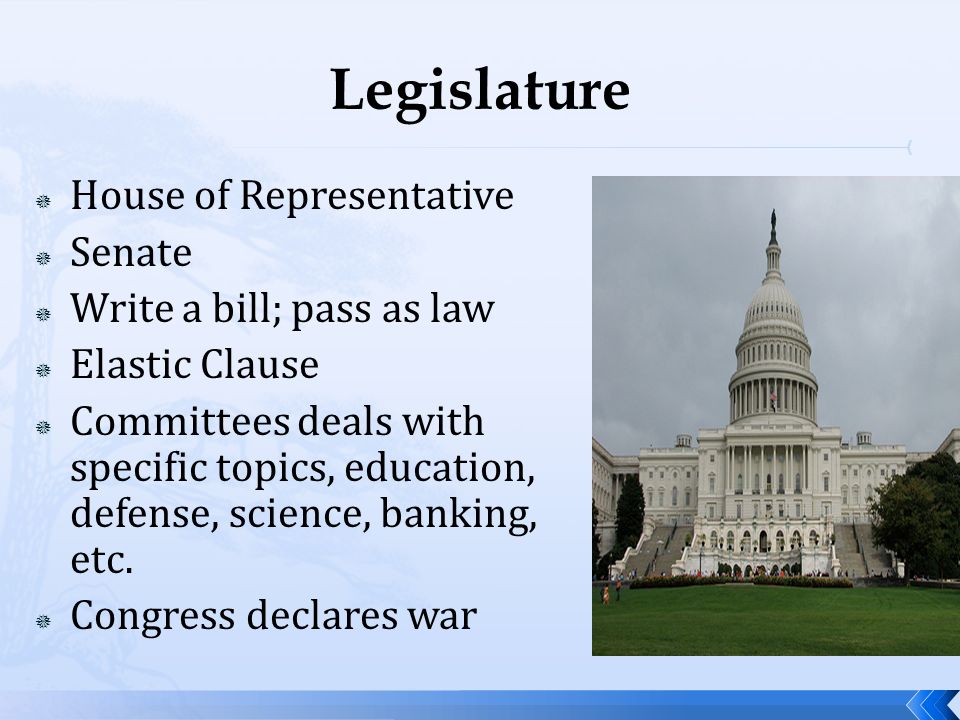 Legislature House of Representative Senate Write a bill; pass as law