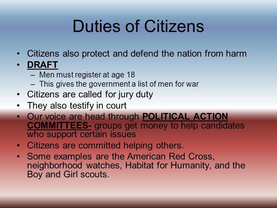 Duties of Citizens Citizens also protect and defend the nation from harm. DRAFT. Men must register at age 18.