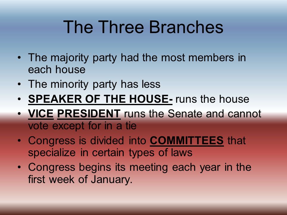 The Three Branches The majority party had the most members in each house. The minority party has less.