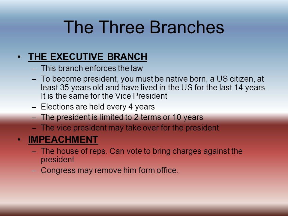 The Three Branches THE EXECUTIVE BRANCH IMPEACHMENT