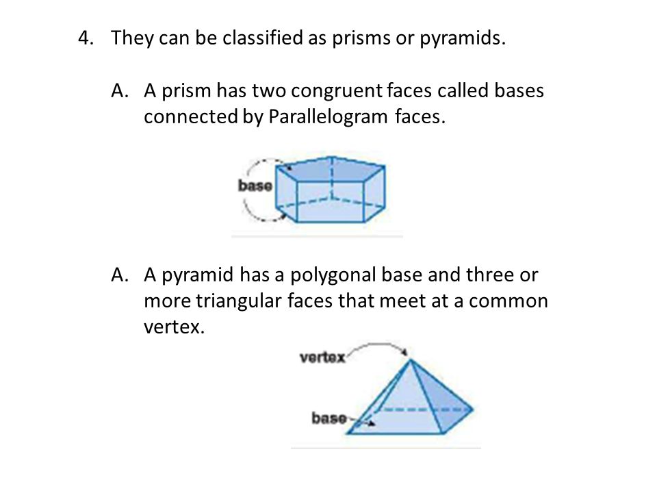 They can be classified as prisms or pyramids.
