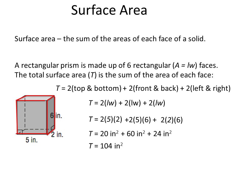 Surface Area Surface area – the sum of the areas of each face of a solid.