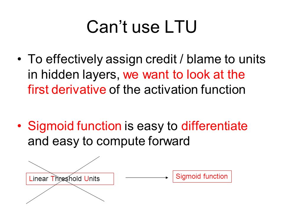 Can’t use LTU To effectively assign credit / blame to units in hidden layers, we want to look at the first derivative of the activation function.