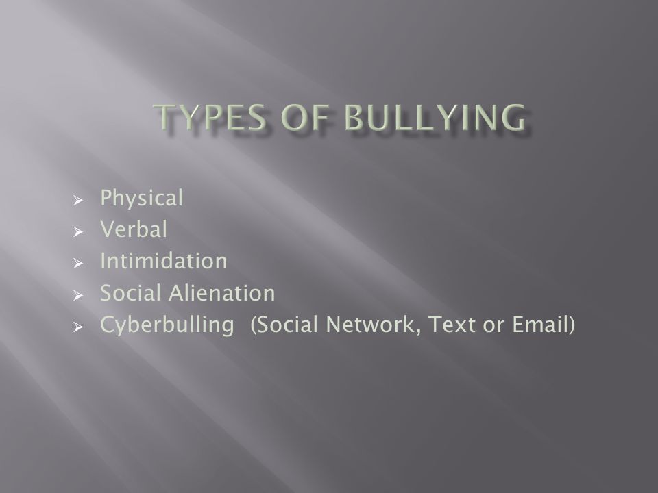 Types of Bullying Physical Verbal Intimidation Social Alienation