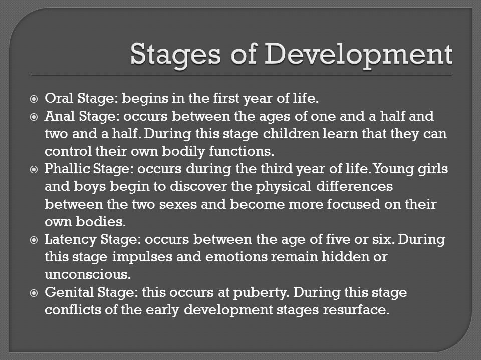 Stages of Development Oral Stage: begins in the first year of life.
