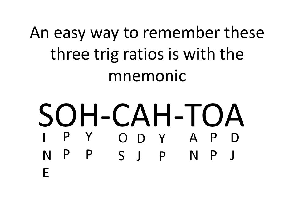 An easy way to remember these three trig ratios is with the mnemonic