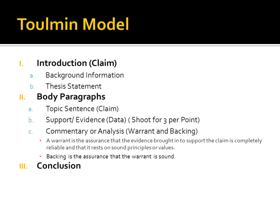 Toulmin Model Introduction (Claim) Body Paragraphs Conclusion
